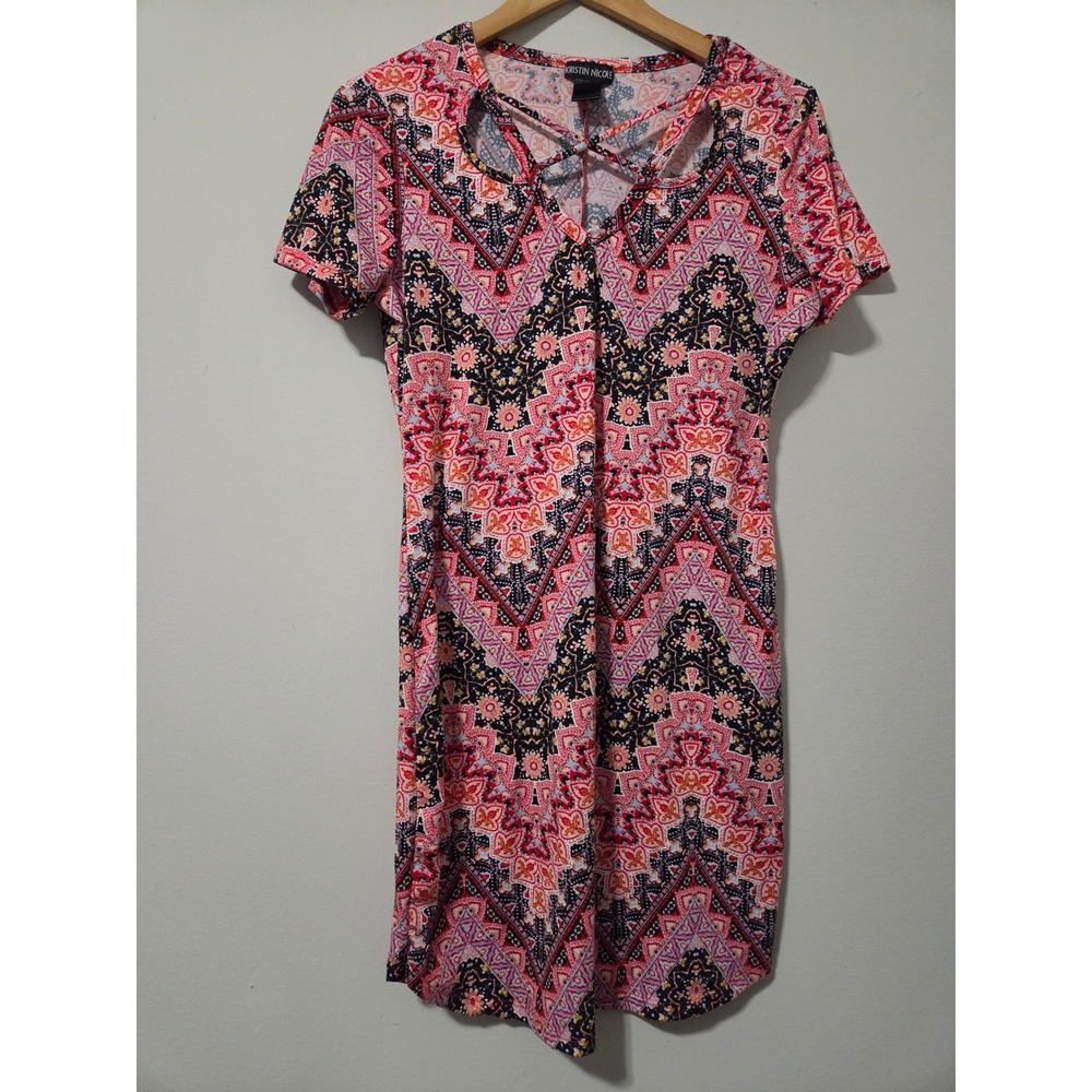 Kristin Nicole‎ Pink Black Geometric Boho Lattice V-Neck Short Sleeve Dress
